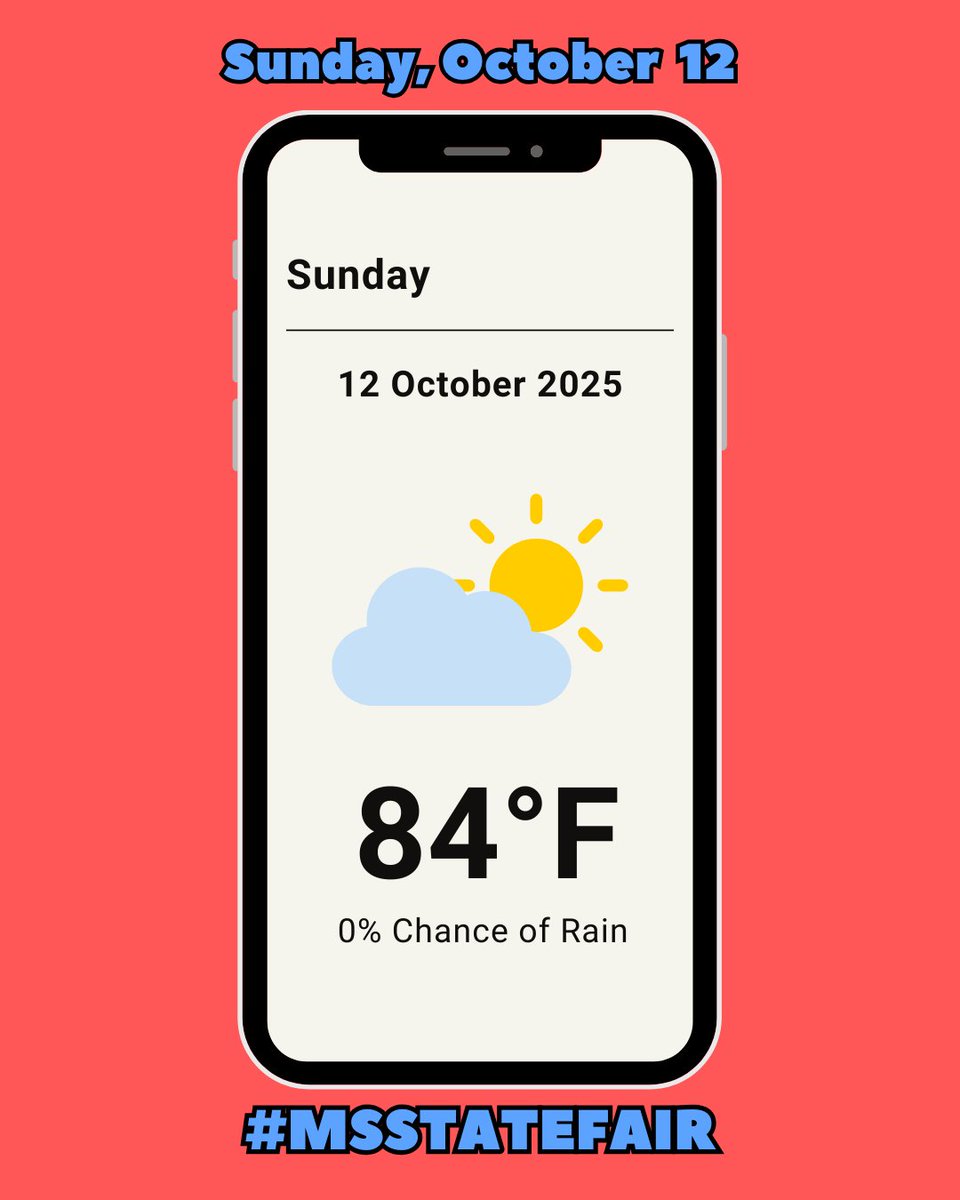 MSStateFair's tweet image. 🌤️ Today’s weather is bringing smiles as wide as the Midway! Don’t miss all the fair fun, from concerts to cotton candy. 🎶🍭