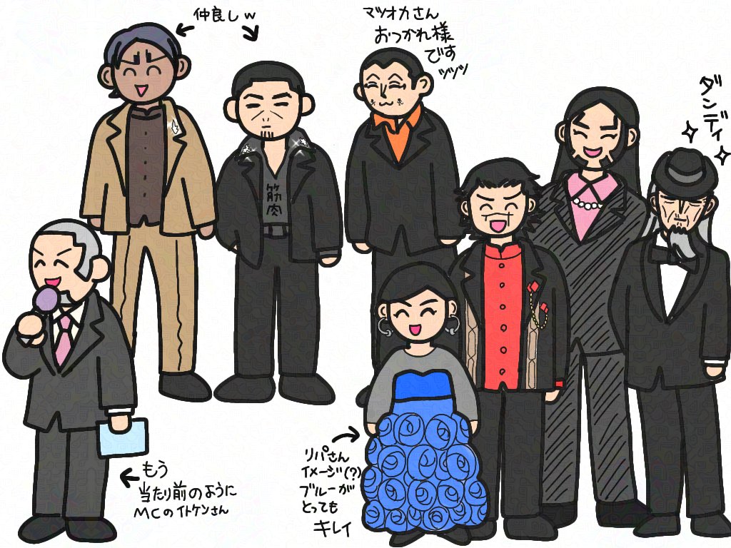 舞台挨拶キャストの皆様の衣装。思い出しながら大急ぎで描いたので、いろいろと違う箇所はあるとは思いますが御容赦を😅💦ライビュの間、ずっとニヤニヤしてました🤭