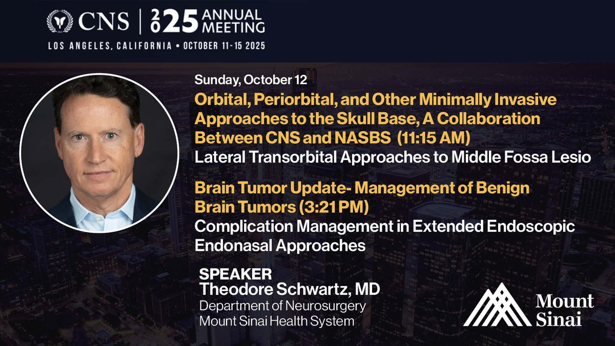 🧠10/12 at #2025CNS: <a href="/TedSchwartz13/">Theodore Schwartz MD</a> (<a href="/MountSinaiNeuro/">Mount Sinai Neurosurgery</a>) presents "Lateral Transorbital Approaches to Middle Fossa Lesions" (11:15AM) &amp; "Complication Management in Extended Endoscopic Endonasal Approaches" (3:21PM). Excited for #skullbase &amp; #benigntumor insights! <a href="/CNS_Update/">CNS</a>
