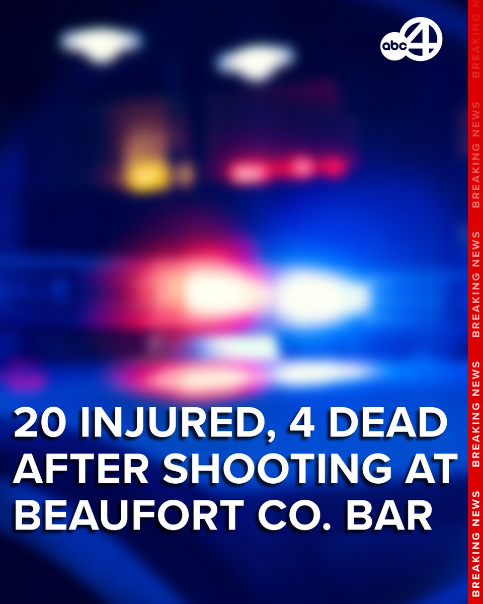 ABCNews4's tweet image. 20 people were injured and four where pronounced dead on the scene of a shooting at a bar and grill in Beaufort County early Sunday, according to local law enforcement. Read more: bit.ly/4nPTKJY