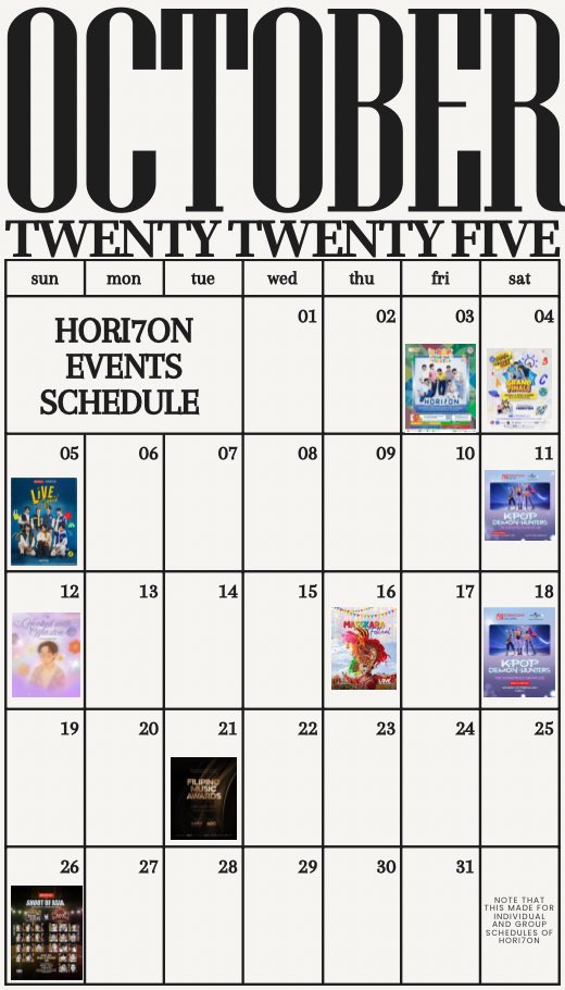 Anchors catch HORI7ON for this coming days as they have their Solo and Group Schedules for the month of October.

If you have time please support our gwapito 🫶🏻🫶🏻

#HORI7ON #호라이즌
<a href="/HORI7ONofficial/">HORI7ONofficial</a>