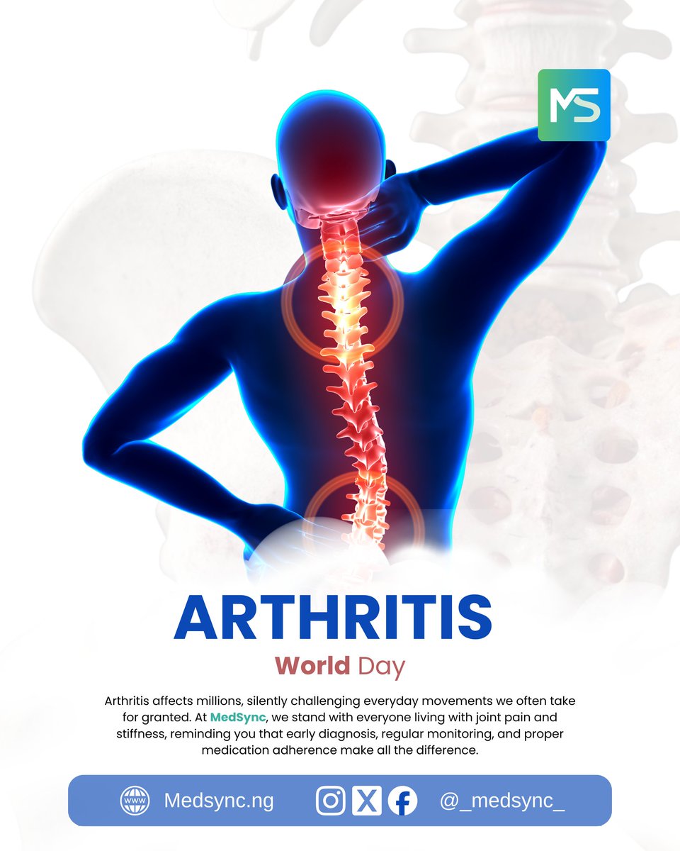 _terasync_'s tweet photo. World Arthritis Day

“Move Today, For a Healthier Tomorrow.”

Arthritis affects millions, silently challenging everyday movements we often take for granted.

At MedSync, we stand with everyone living with joint pain and stiffness, reminding you that early diagnosis, https://t.co/8SUB5iAJ6s