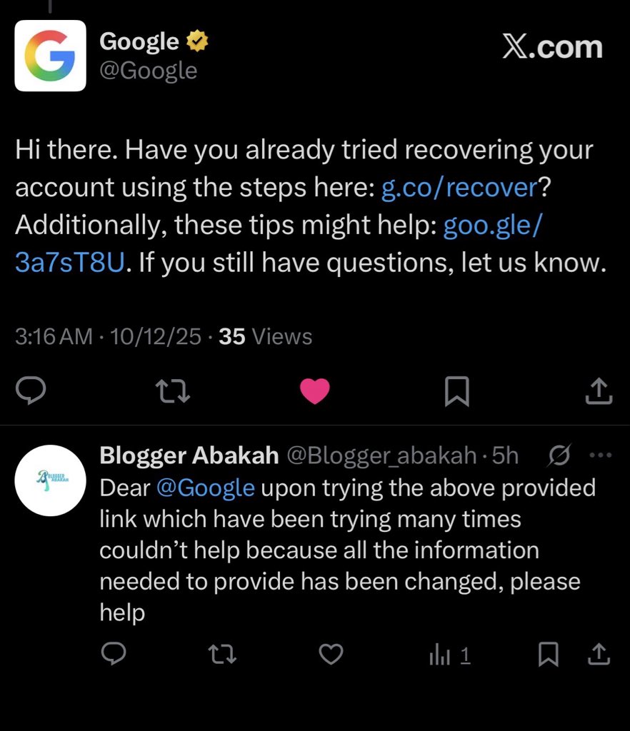 Blogger_abakah's tweet image. Dear @Google upon trying the above provided link which have been trying many times couldn&apos;t help because all the information needed to provide has been changed, please help