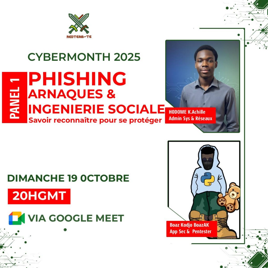Tic-tac... Plus qu'un jour avant notre grand rendez-vous sur le phishing !

C'est DEMAIN, dimanche 19 octobre à 20H GMT, que nous décortiquons la menace des arnaques en ligne et de l'ingénierie sociale.

Lien Google Meet : meet.google.com/gup-kwoa-kyz

Rejoignez-nous.

#CyberMonth2025