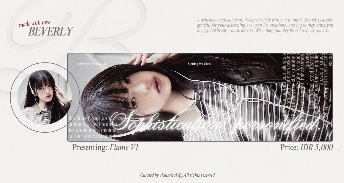 claussical's tweet image. Any interaction is appreciated! 💖
Let me introduce you to the newest petal in Beverly’s garden, Flame &amp; Blackout. Rencananya memang mau buat katalog layout LAKIK dan detailed ala cover magazine, kalau sekiranya gak aman boleh reach me out politely! #zonauang