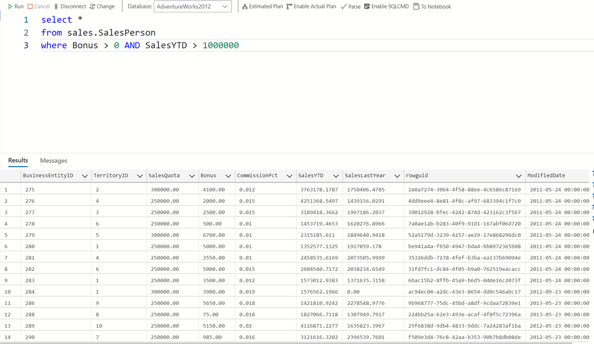 murainanurudee6's tweet image. 🔗 Step 2: Combine Conditions (AND / OR)

Use AND when both conditions must be true.
Use OR when either can be true.

SELECT *
FROM Sales.SalesPerson
WHERE Bonus &amp;gt; 0 AND SalesYTD &amp;gt; 1000000;

✅ Salespeople with bonuses and ₦1M+ sales.

#sqltips
