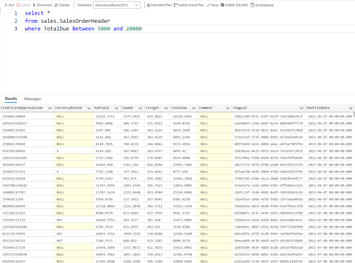 murainanurudee6's tweet image. 📊 Step 3: Filter Ranges with BETWEEN

SELECT *
FROM Sales.SalesOrderHeader
WHERE TotalDue BETWEEN 5000 AND 20000;

✅ Orders with totals between ₦5,000–₦20,000.

Works for numbers, dates, and ranges.

#learnsql