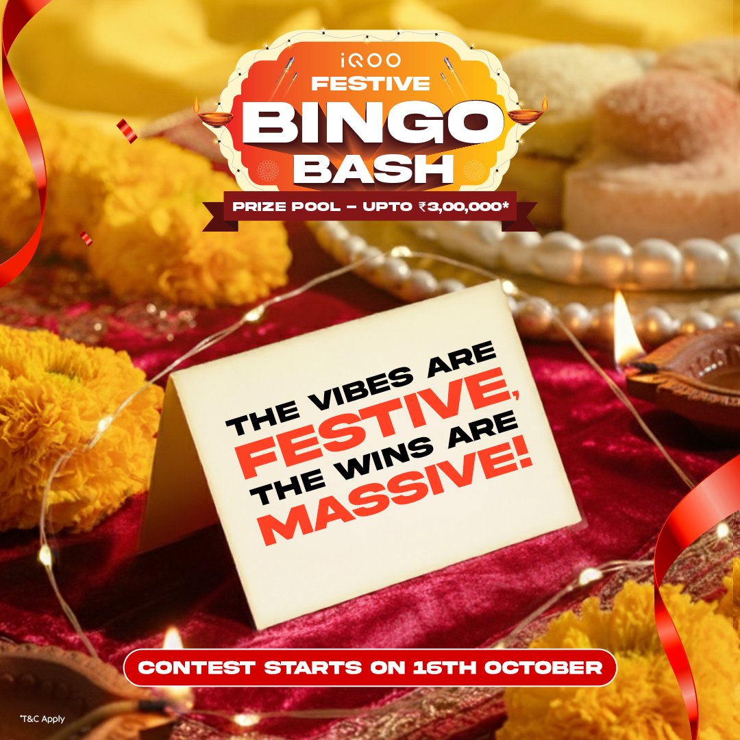 IqooInd's tweet photo. Something BIG is loading… and it could be yours! 🚀

This Diwali, play iQOO Festive Bingo Bash and take home a prize pool of up to ₹3,00,000*, including iQOO Smartphones & other exciting prizes

Tag 3 friends and share this post on your stories to start winning!

Here's how you can participate ⬇️

1️⃣ Follow @iQOOInd & @iQOOEsports on Instagram.
2️⃣ Send a DM to @iQOOEsports saying "Get My Bingo Ticket" to generate your ticket.
3️⃣ You'll receive a bingo ticket filled with features.
4️⃣ Keep a check on our stories between 16th to 18th October from 12PM for feature announcements.
5️⃣ Cross out features on your ticket as they're revealed.
6️⃣ Send us a pic of your completed ticket with a DM: "I finished iQOO Bingo Bash”
7️⃣ Reply to the chat with your winning criteria (four corners, any column, or full house).

*Terms and conditions apply - Link in Bio

#iQOOfestivebingobash #ContestAlert #iQOO