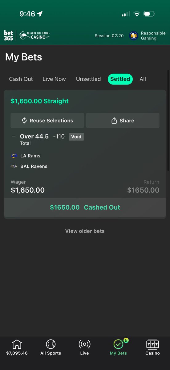 Was able to fully cash out this bet weather looks bad in Baltimore.