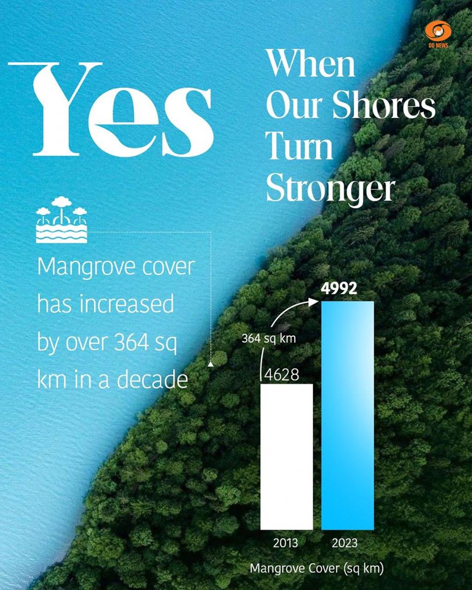 India's mangrove cover has seen a significant increase over the past decade, growing by over 364 square kilometres. 

According to recent data, the mangrove area expanded from 4,628 sq km in 2013 to 4,992 sq km in 2023. 

This positive development highlights the strengthening of