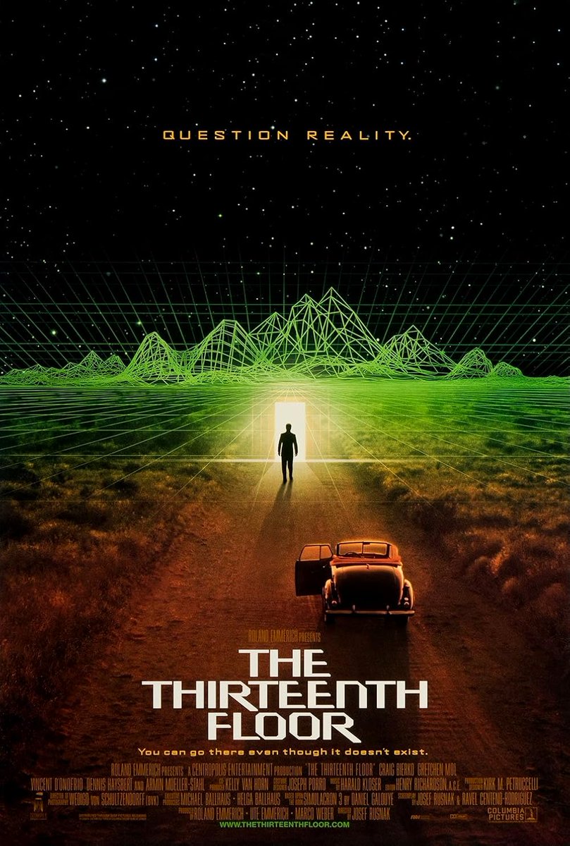 enbocacinefago's tweet photo. ¿Con ganas de más IA y mundos virtuales tras #TronAres ? Pues ahí van otras 8 PELÍCULAS sobre la temática. ABRO HILO ⬇️

NIVEL 13 (1999): Un científico, Douglas Hall, trabaja en una empresa que ha creado una simulación informática tremendamente realista de la década de 1930. Esta simulación es tan avanzada, que los personajes dentro de ella  tienen conciencia propia, sin saber que viven en una realidad artificial.