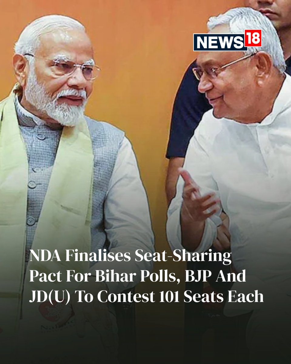 CNNnews18's tweet image. The National Democratic Alliance (NDA) on Sunday finalised the seat-sharing arrangement within its constituents for the upcoming Bihar Legislative Assembly elections.

#BiharElections #Polls #India #BJP #JDU #SeatSharing #India 

news18.com/elections/biha…