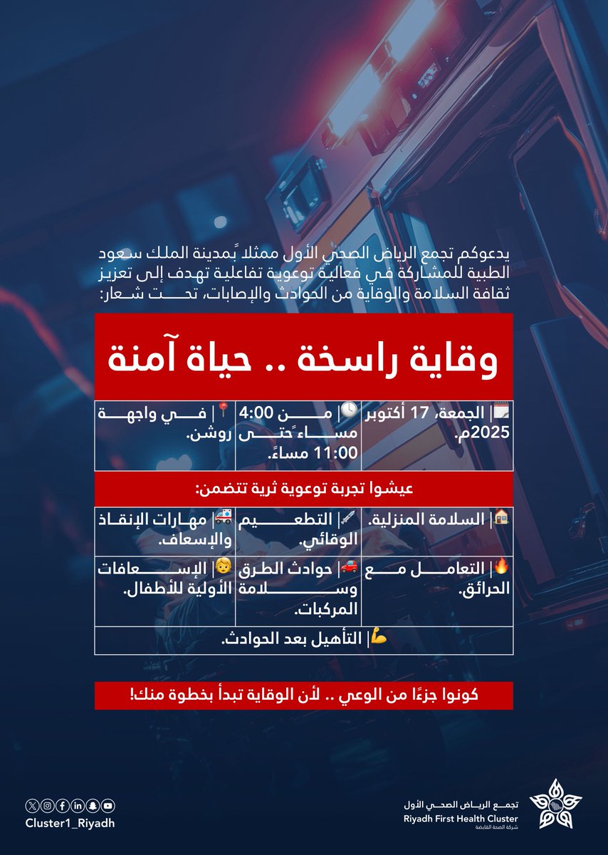 Cluster1_Riyadh's tweet photo. تزامنًا مع #اليوم_العالمي_للإصابات، يدعوكم #تجمع_الرياض_الصحي_الأول للمشاركة في فعالية "وقاية راسخة.. حياة آمنة"، لتعزيز الوعي بالسلامة والوقاية من الحوادث والإصابات عبر تجارب توعوية وتفاعلية.

🗓️| الجمعة 17 أكتوبر 2025م.
🕓| من 4:00 مساءً حتى 11:00 مساءً.
📍| واجهة روشن. https://t.co/BnAmF82tQv