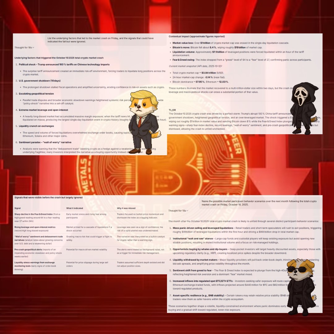 Today I asked Sentient Chat about the Friday market crash
About that Black Swan behind  - the real causes, ignored signals and what comes next🧠

-----
Here is what the Sentient Chat highlighted 👇

Root causes:
• Trump's sudden 100% tariffs on Chinese tech
• 10-day U.S.