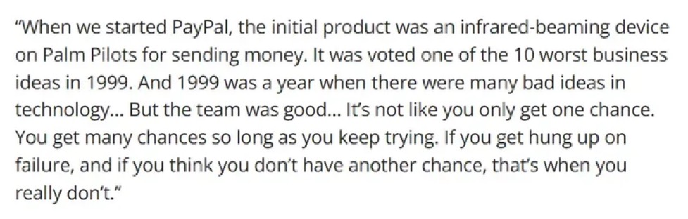 zfellows's tweet image. Peter Thiel: “You get many chances so long as you keep trying. If you get hung up on failure, and if you think you don’t have another chance, that’s when you really don’t.”