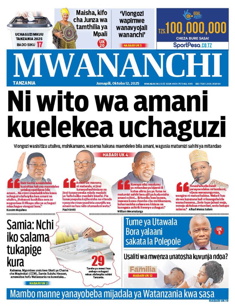 Kuna na magazeti yaliyofurika habari za namna ni dalili kwamba wanyonyaji wameanza kudanganya wanyonywaji 

Kuimba amani dhidi ya wannachi waliochika mateso ni kuishara kwamba wanaoongoza nchi wameshindwa kuelewa mzizi wa tatizo 

#ChangeTanzania