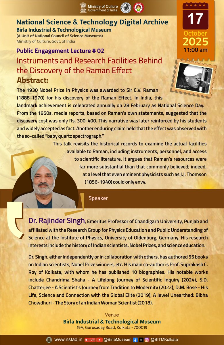 BITMKolkata's tweet image. National Science &amp;amp; Technology Digital Archive, @BITMKolkata, a Unit of @ncsmgoi, @MinOfCultureGoI cordially invites you to #Lecture by Dr. Rajinder Singh, Chandigarh University, Punjab and University of Oldenburg, Germany-on Oct. 17, 2025; 11:00 am at youtu.be/vn-9z3FG44E.