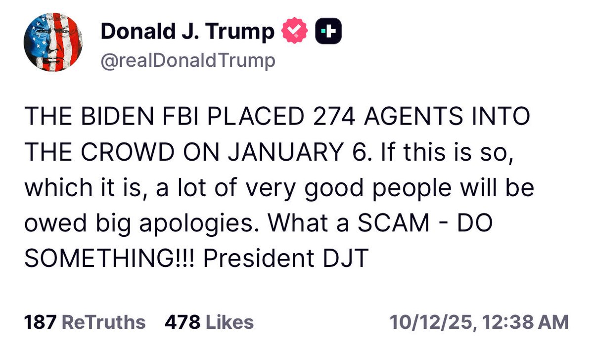EvanAKilgore's tweet image. Can somebody please explain to me how &quot;the Biden FBI&quot; placed 274 agents into the crowd on January 6th... when Donald Trump was President on January 6th?

Joe Biden had no control over the FBI before January 20th.

Does Trump think we&apos;re stupid or am I missing something?