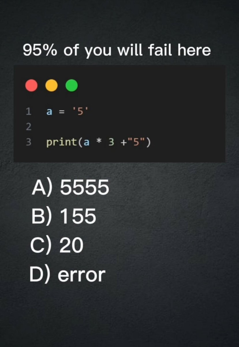 Python_Dv's tweet image. Python Question / Quiz;
What is the output of the following Python code, and why? Comment your answers below!
#python #programming #developer #programmer #coding #coder #softwaredeveloper #computerscience #webdev #webdeveloper #webdevelopment #pythonprogramming #pythonquiz #ai…