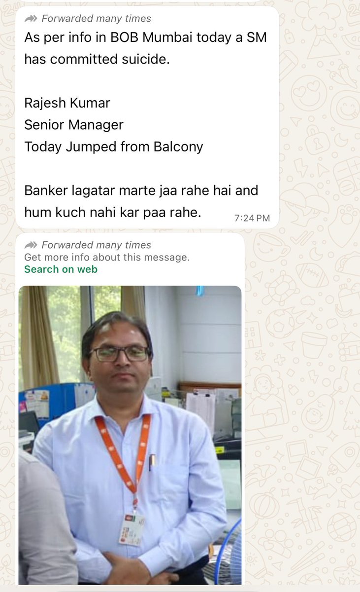 bankpediaa's tweet image. Just received this msg on whatsapp:
As per info in @bankofbaroda Mumbai today a SM has committed suicide.
Rajesh Kumar
Senior Manager
Today Jumped from Balcony