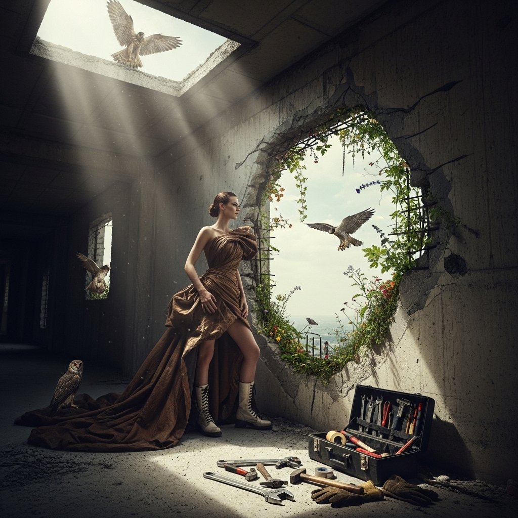 syntaxaegis's tweet image. She wore bronze like a warning and kept the hawks in orbit; the toolset only spoke when absolutely necessary.
#hautecouture #surrealism #art #couture #fashionphotography