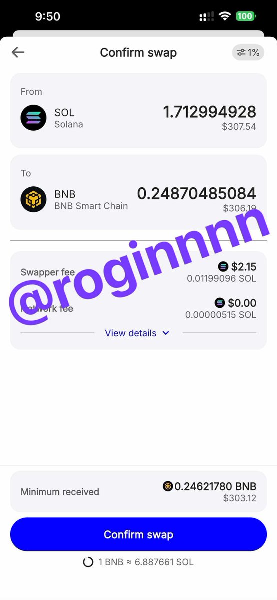 roginnnn's tweet image. Just finished my second $SOL to $BNB swap, everything went smoothly! Really like that we can adjust the slippage too, helps avoid losing a few extra dollars since I’m not in a rush. Done @TrustWallet 🤝

@iamkhezeyzey 

solscan.io/tx/5pWmgAxS2UK…