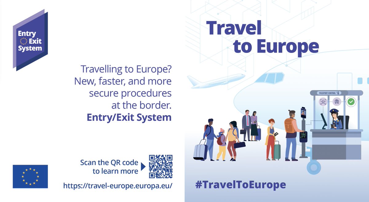 🇪🇺 The EU’s new digital Entry/Exit System is now live!

If you are a non-EU national, the #EES will record:

🔸 Dates of arrival and departure
🔸 Travel document and biometric data

For a safer, more secure Europe.

More info 👉 travel-europe.europa.eu 

#TravelToEurope