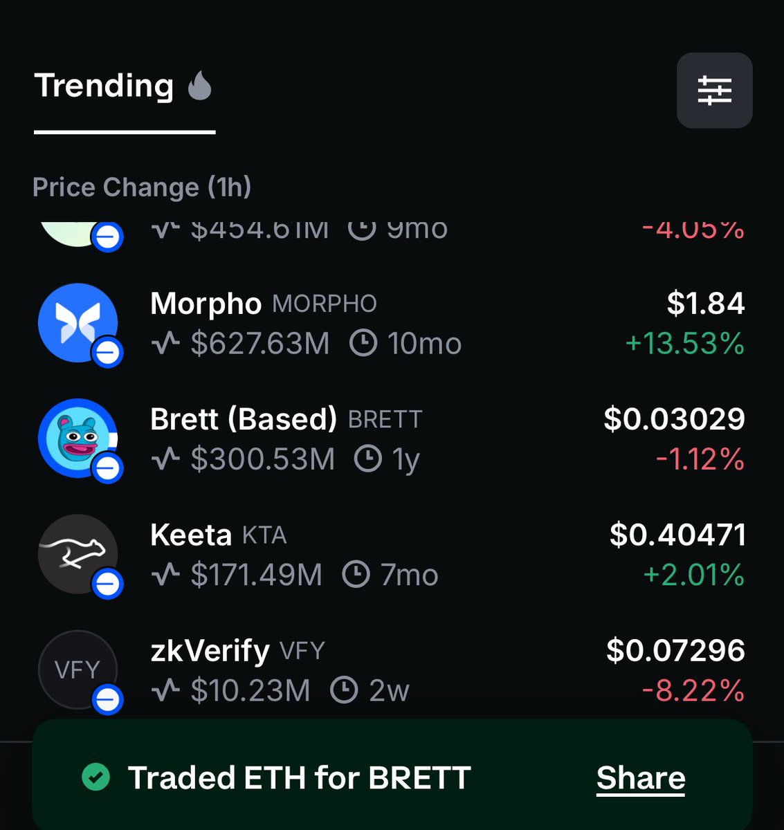 yomomo91's tweet image. messing with @baseapp — bought some $BRETT 

SUPER EZ APP TO USE