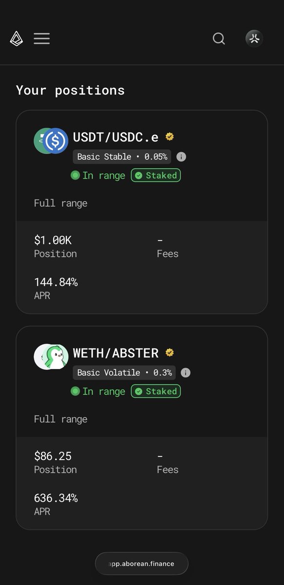ARSii_ETH's tweet image. Making $5/day doing literally nothing
Just two LP positions on @AboreanFi:
▫️ $1K in USDT/USDC - 145% APR
▫️ $86 in WETH/ABSTER - 636% APR
I think this is a very good yield for stablecoins
Love seeing DeFi apps on @AbstractChain - earning both money and potential XP ✳️