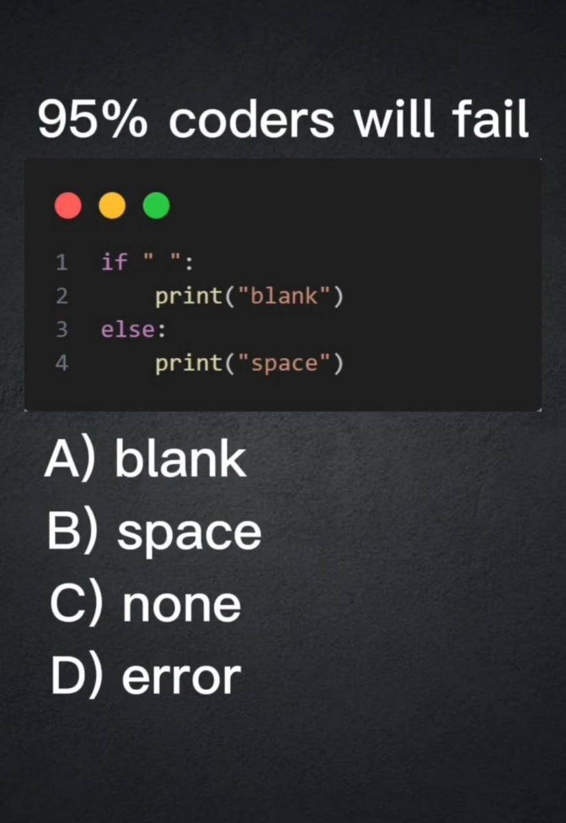 Python_Dv's tweet image. Python Question / Quiz;
What is the output of the following Python code, and why? Comment your answers below!
#python #programming #developer #programmer #coding #coder #softwaredeveloper #computerscience #webdev #webdeveloper #webdevelopment #pythonprogramming #pythonquiz #ai…