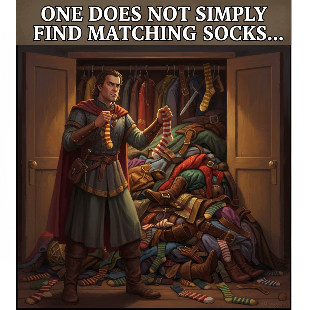 h_merick's tweet image. We all know Boromir warned us about Mordor, but let&apos;s be real: it’s just as epic trying to find matching socks in the morning. One does not simply walk into Mordor... or pair their laundry without a quest. #LOTR #GeekLife #FantasyProblems