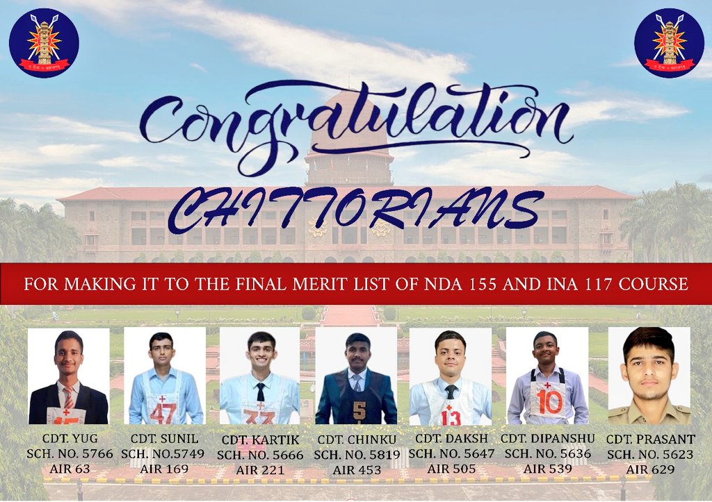 SSChittorgarh's tweet photo. Heartiest congratulations to the Chittorians for making it to the final merit list of NDA 155 and INA 117 course.
#Proudchittorian https://t.co/ZJEfCuOv2r