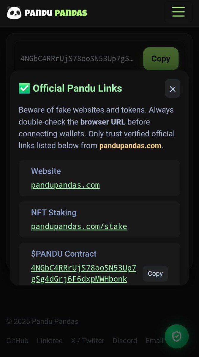 Pandupandas's tweet image. Pandu’s official website now includes a floating green shield icon for quick access to verified official links.

Always double-check before connecting your wallet 💚

👉 pandupandas.com