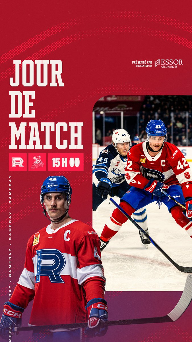 RocketLaval's tweet photo. Jour de match! It’s game day!

🏟️ Canada Life Centre
⏰ 15h00 / 3:00 p.m.
💻 AHLTV sur @FloHockey  
🔗 https://t.co/uBnOmp91La

#GoRocket @EssorAssurances https://t.co/VieQDW4DxZ