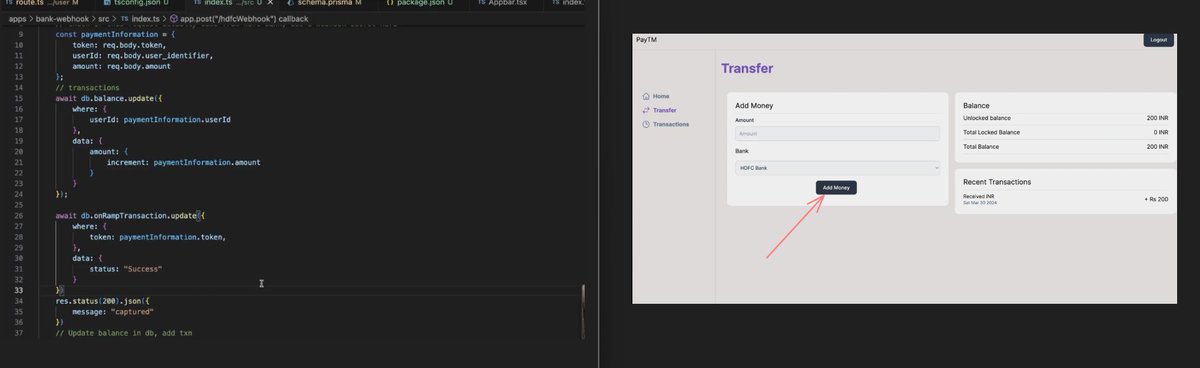 sanjeev60160287's tweet image. 🌟Week 17.2 Update 🌟

Deep dive into Project Paytm 💸

🔹On-Ramping &amp;amp; Setup

🔹 Secure Authentication 🔐

🔹Bank Webhook Handler ⚙️

🔹 Updated DB Schema 🗃️

🔹 Integrated Prisma ⚡

🔹 End-User UI/UX 🎨

Constantly leveling up! 🚀
#BuildInPublic #LearnInPublic #Backend #DevOps
