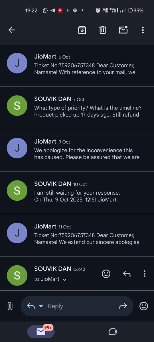 svkdn007's tweet photo. Not getting refund after returning a product purchased on jiomart. Multiple time contacted Customer care. No resolution provided till now. Also contacted grievance officer but still no resolution.the team is just closing ticket without resolving @JioMart ,@scam @MukeshAmba @thief https://t.co/YpQjlQXSEO