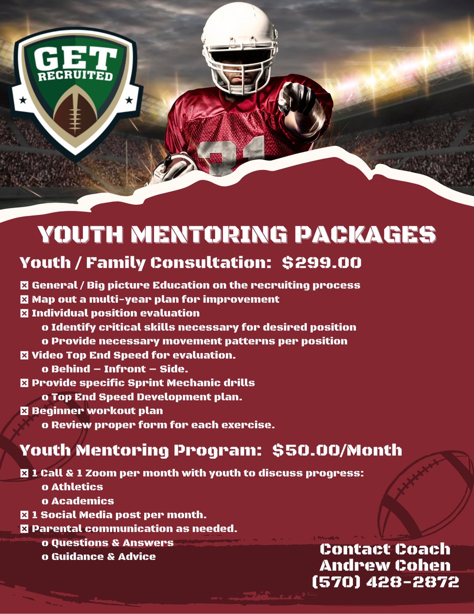 Get__Recruited's tweet image. If you are in the 7th, 8th, or 9th grade and dream of playing college football, make sure you take advantage of this opportunity. Contact Coach Cohen at (570) 428-2872 or sign up on the link to schedule a meeting with Coach: getrecruitedusa.com/bookings  @1of1lifeskills @Premiunsports