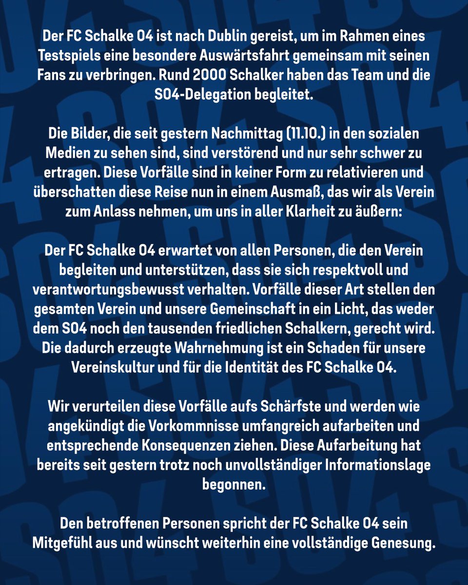 Der FC Schalke 04 verurteilt die Vorfälle in Dublin aufs Schärfste.
