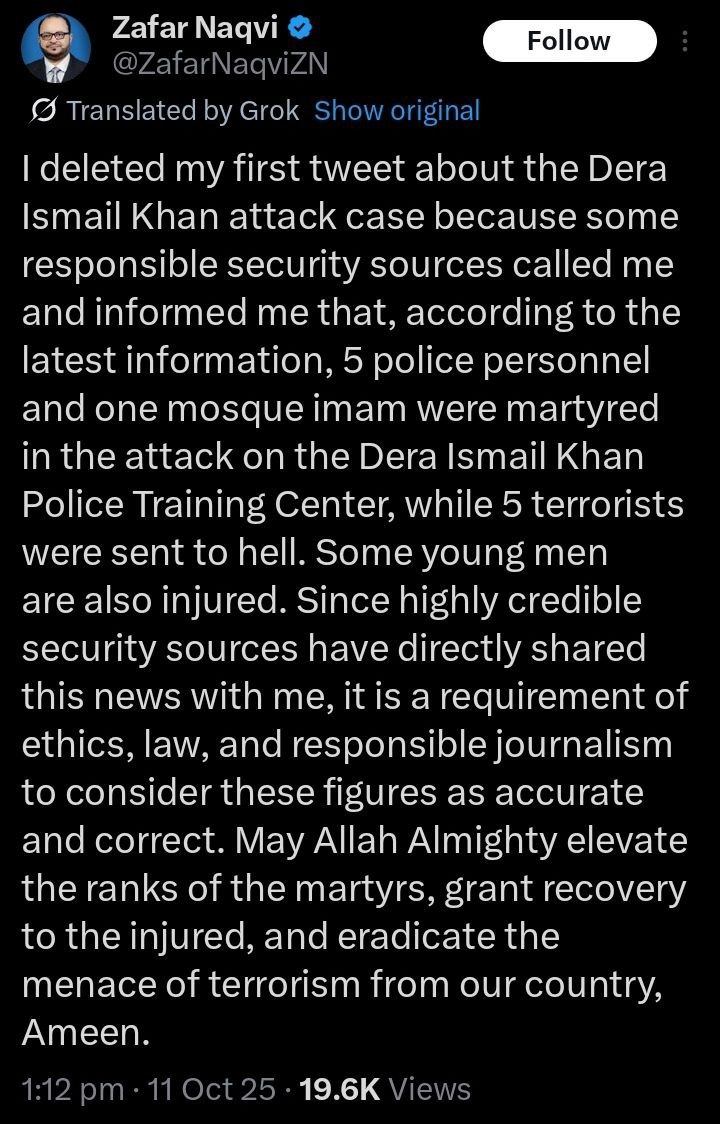 kravi8349's tweet photo. @ImranAli1849093 @iihtishamm Main samajhta hoon ...
Dekho @ZafarNaqviZN ne recent police training centre attack me casualties figure ke actual numbers batane ka try diya. Hukumat ne kitni jldi line pe laa diya.. Isiliye #LahoriChooran khate rho #DramaGeneral_ISPR ke gaane gaate rho https://t.co/T9eq1XqOEw