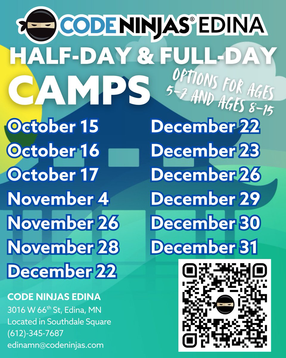 codeninjasmn's tweet photo. 🤖New Ai and Jr Gamemaking Camps added! + More Dates for Thanksgiving and Winter Break!🎮 - https://t.co/BbSgU9f26o https://t.co/OO0nvOZGHc