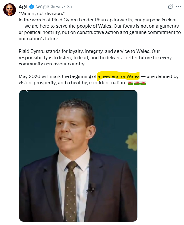 "A new era for Wales". Utter bollocks.

<a href="/Plaid_Cymru/">Plaid Cymru 🏴󠁧󠁢󠁷󠁬󠁳󠁿</a> may be the largest party after next May's elections but will have to do a deal with Labour.

And what many in Plaid don't seem to grasp is that Labour has spent the 26 years of devolution taking control of just about every