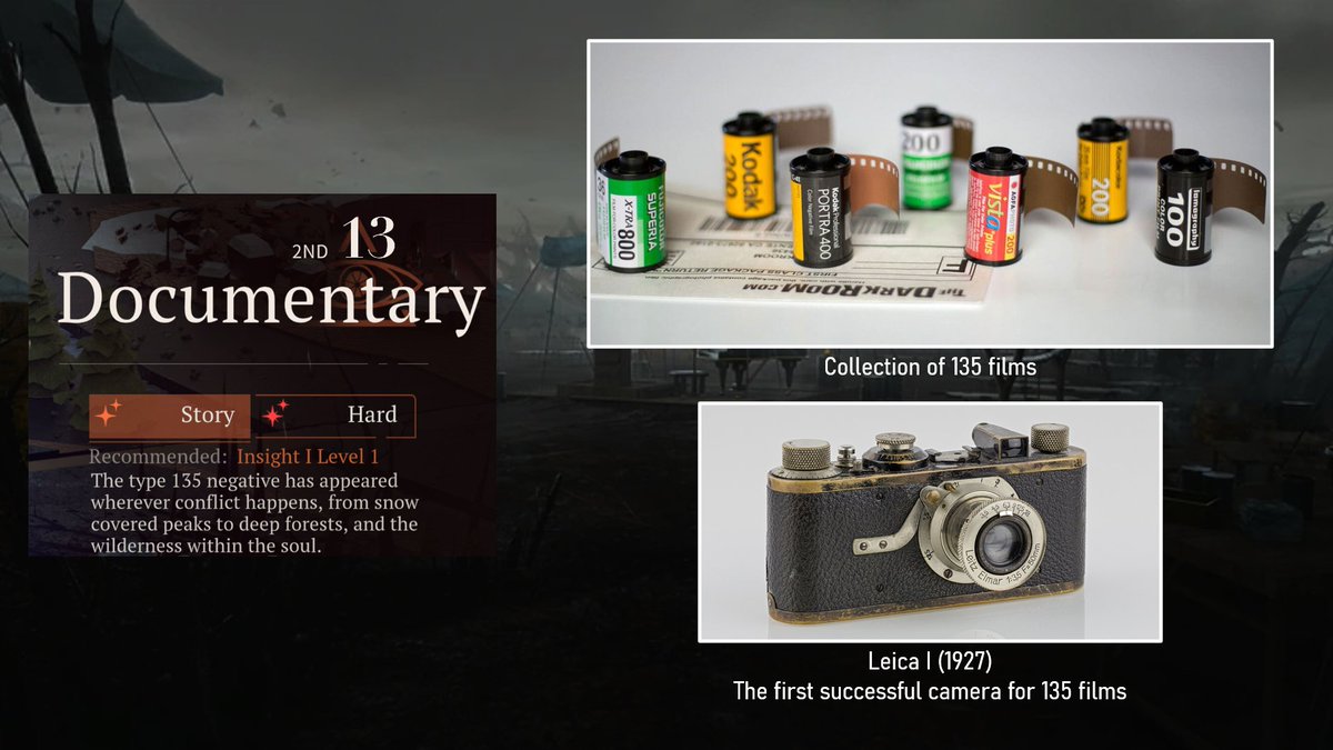 r1999 fun fact otd #91

2ND-13: Documentary’s text mentions type 135 negative.

This is a term for 35mm film, a common format for photo film in the 20th century and the most popular size today. Due to its format and physicality, it became heavily used in journalism for images.