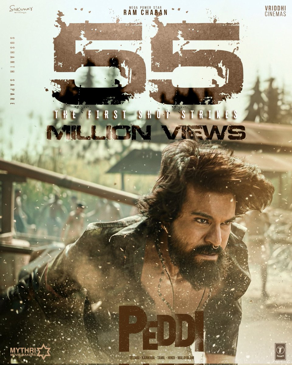 5️⃣5️⃣M+ Views &amp; Counting for #PeddiFirstShot 🥁🥁🔥🔥

With Telugu Version Glimpse at approx 4️⃣3️⃣ MILLION Views &amp; racing towards to become Most Viewed Glimpse Ever of Telugu Cinema 💥💥💥💥

#Peddi - A Storm is Coming on 27.03.2026 🌪️

▶️youtube.com/playlist?list=…

<a href="/PeddiMovieOffl/">PEDDI</a>