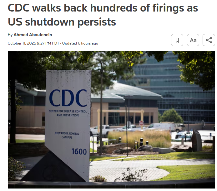ScienceDJX's tweet photo. In the second week of the U.S. #GovernmentShutdown, the Centers for Disease Control and Prevention notified some 1,300 employees they would be laid off - then #rescinded hundreds of those notices within hours, a person familiar with the matter said. 🦠🔬🥼