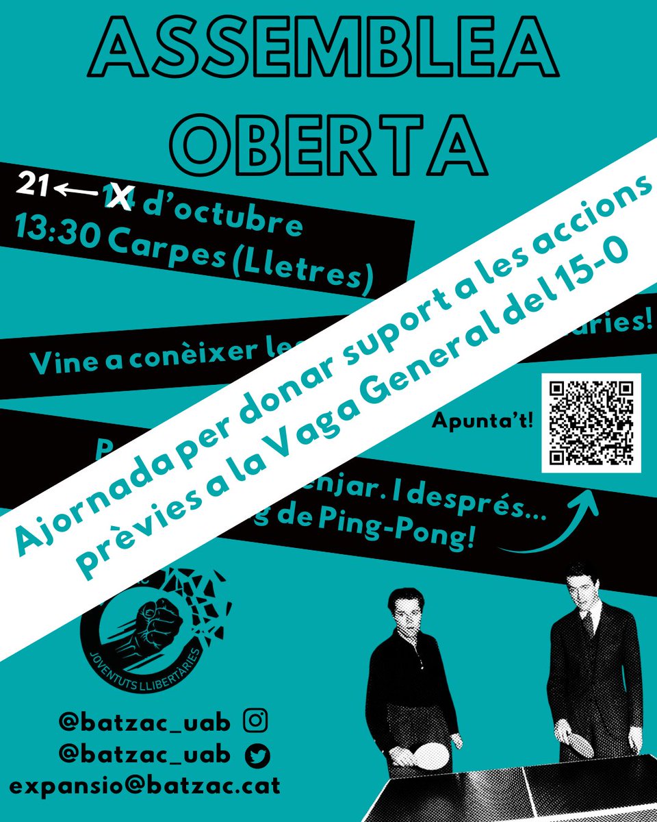 Degut a la convocatòria de vaga general per palestina🇵🇸 del dia 15 per part de la Taula Sindical🏴 de Catalunya i algunes organitzacions estudiantils, i a les accions prèvies que es duran a terme el dia 14, ajornem l'assemblea oberta al dimarts 21 d'octubre.👇🏽👇🏽