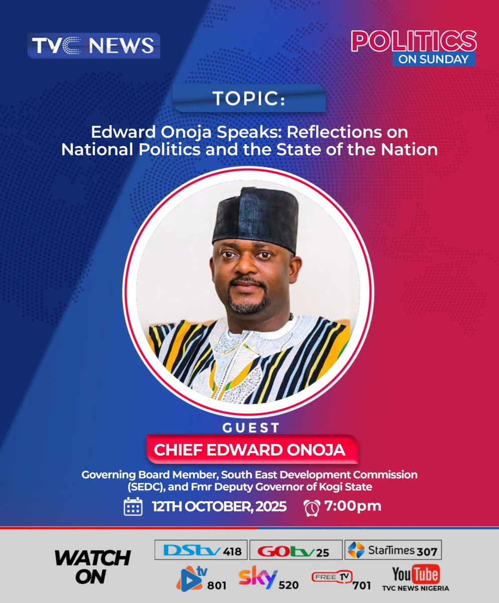 Tonight on #PoliticsOnSunday, former Deputy Governor of Kogi State, Edward Onoja <a href="/ed_onoja/">Chief Edward David Onoja</a> will be discussing National politics and the State of the Nation with <a href="/FemiAkandeTVC/">FEMI AKANDE</a> @7PM.

Don't miss it!
