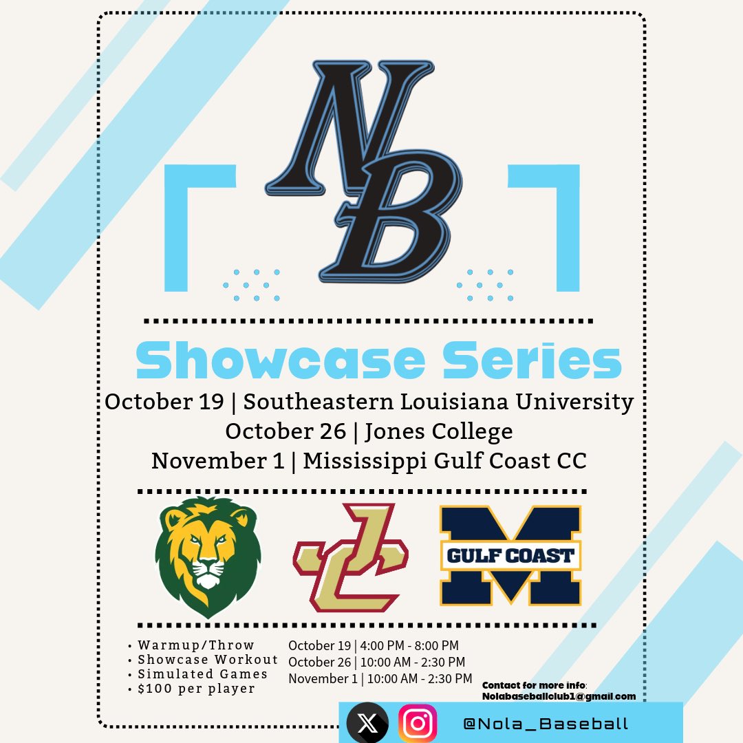 NOLA Baseball is back and ready to shine! Our 2025 Showcase Series kicks off this October with top college stops:
📍 Oct 19 – Southeastern Louisiana University
📍 Oct 26 – Jones College
📍 Nov 1 – Mississippi Gulf Coast CC

Join us for workouts &amp; let us know… are you live?
