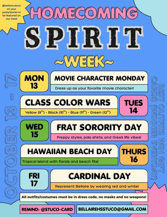 Spirit Week is next week!  Have you planned what you are going to wear yet each day? *Reminder that all dress choices must be in dress code, no masks and no inappropriate props. #HOCO2025