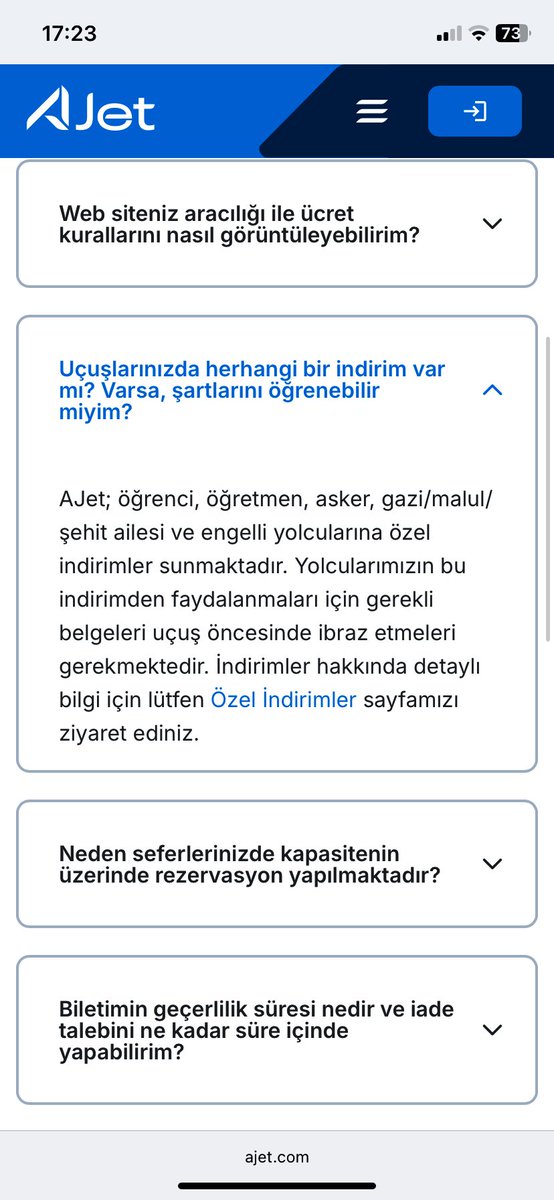 Öğretmen indirimi olduğunu yazmışsınız ama özel indirimlere tıklandığında öğretmen indirimi yok <a href="/AJET_TR/">AJet</a>