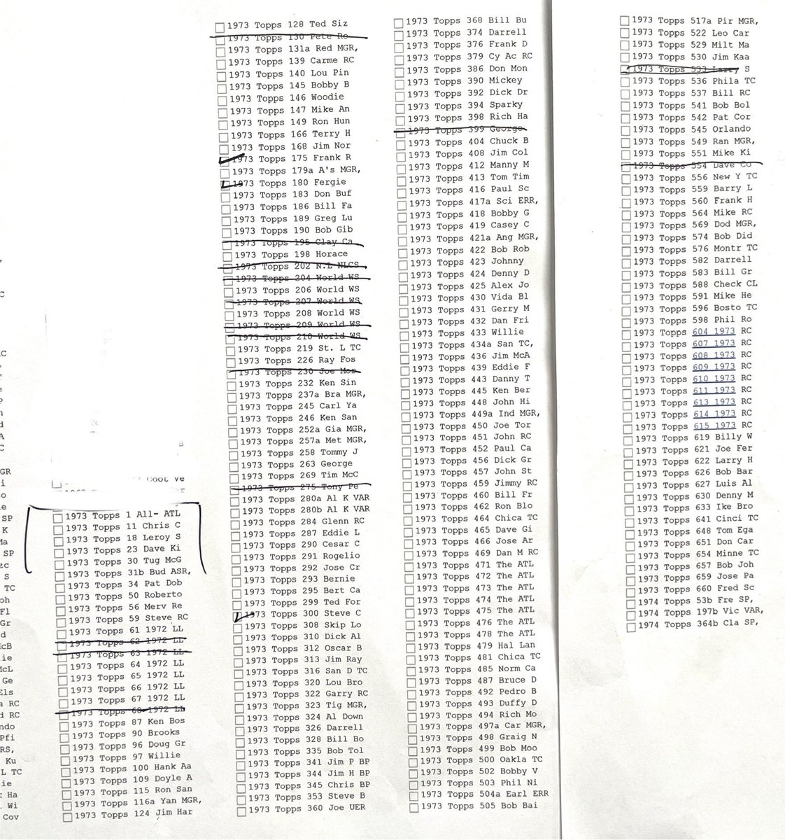 <a href="/midwestboxbreak/">Midwest Box Breaks</a> Looking to trade for 73 Topps baseball. I have 73, 68 and some other stuff to trade. Sorry this list kinda sucks, but anything not crossed off is a need. Thanks!